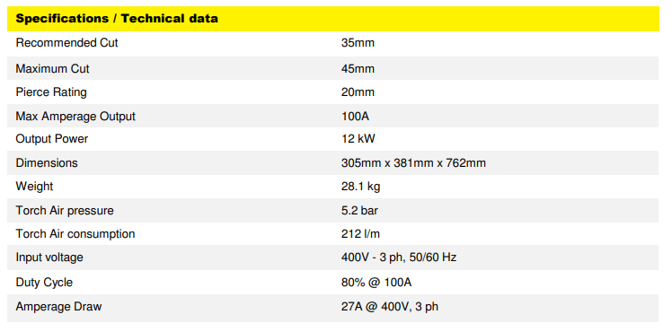 ESAB CUTMASTER 100 SPEC